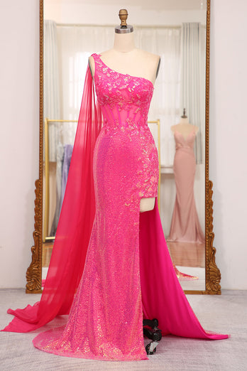 Stunning Mermaid One Shoulder Fuchsia Sequins Long Prom Dress with Slit