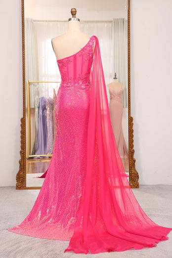 Stunning Mermaid One Shoulder Fuchsia Sequins Long Prom Dress with Slit