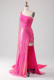 Sparkly Fuchsia Mermaid One Shoulder Appliques Prom Dress With Slit