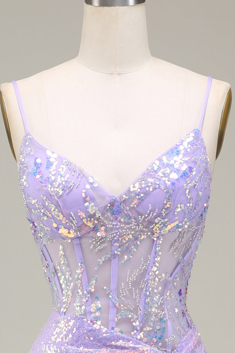 Load image into Gallery viewer, Sparkly Mermaid Light Purple Corset Prom Dress with Slit