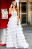 Load image into Gallery viewer, White A-Line Sparkly Sequin Ruffle Skirt Corset Tiered Prom Dress With Slit
