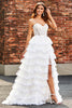 Load image into Gallery viewer, White A-Line Sparkly Sequin Ruffle Skirt Corset Tiered Prom Dress With Slit