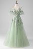 Load image into Gallery viewer, Sage A-Line Detachable Sleeves Long Corset Prom Dress with Flowers