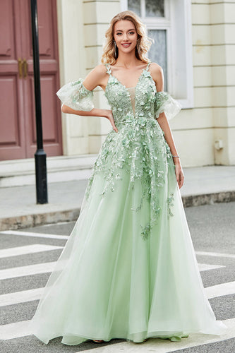 Green Removable Sleeves Tulle Prom Dress with Appliques