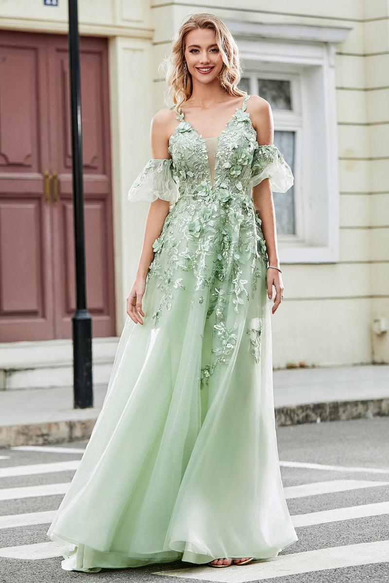 Load image into Gallery viewer, Green Removable Sleeves Tulle Prom Dress with Appliques