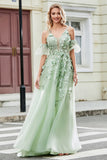 Green Removable Sleeves Tulle Prom Dress with Appliques