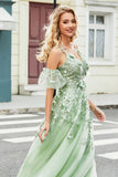 Green Removable Sleeves Tulle Prom Dress with Appliques