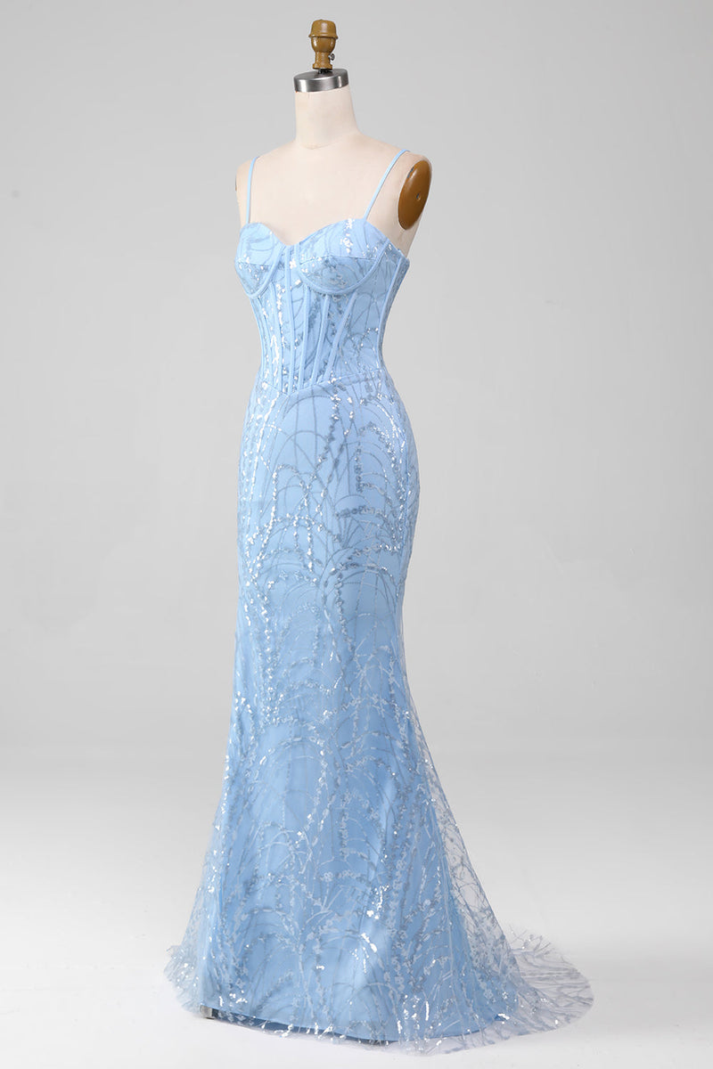 Load image into Gallery viewer, Light Blue Mermaid Sparkly Sequin Long Corset Prom Dress