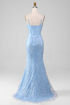 Light Blue Mermaid Sparkly Sequin Long Corset Prom Dress