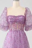 A-Line Square Neck Purple Corset Prom Dress with Half Sleeves