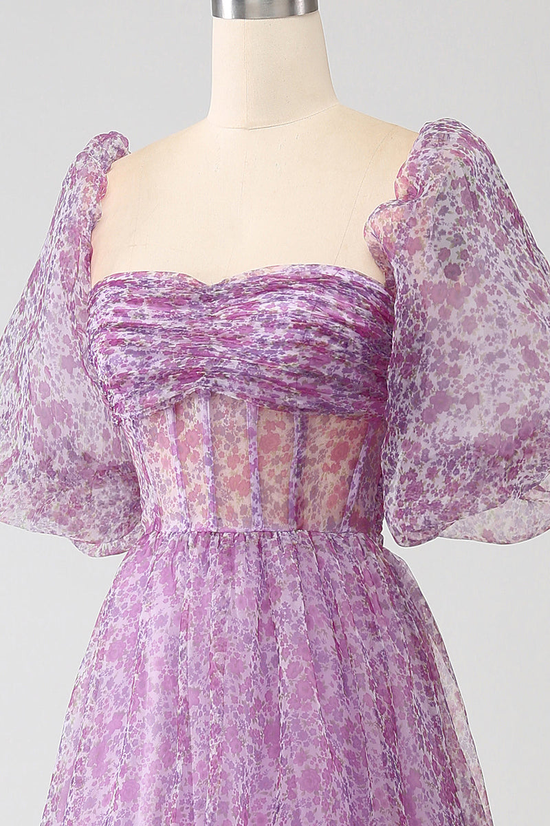 Load image into Gallery viewer, A-Line Square Neck Purple Corset Prom Dress with Half Sleeves