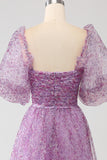 A-Line Square Neck Purple Corset Prom Dress with Half Sleeves