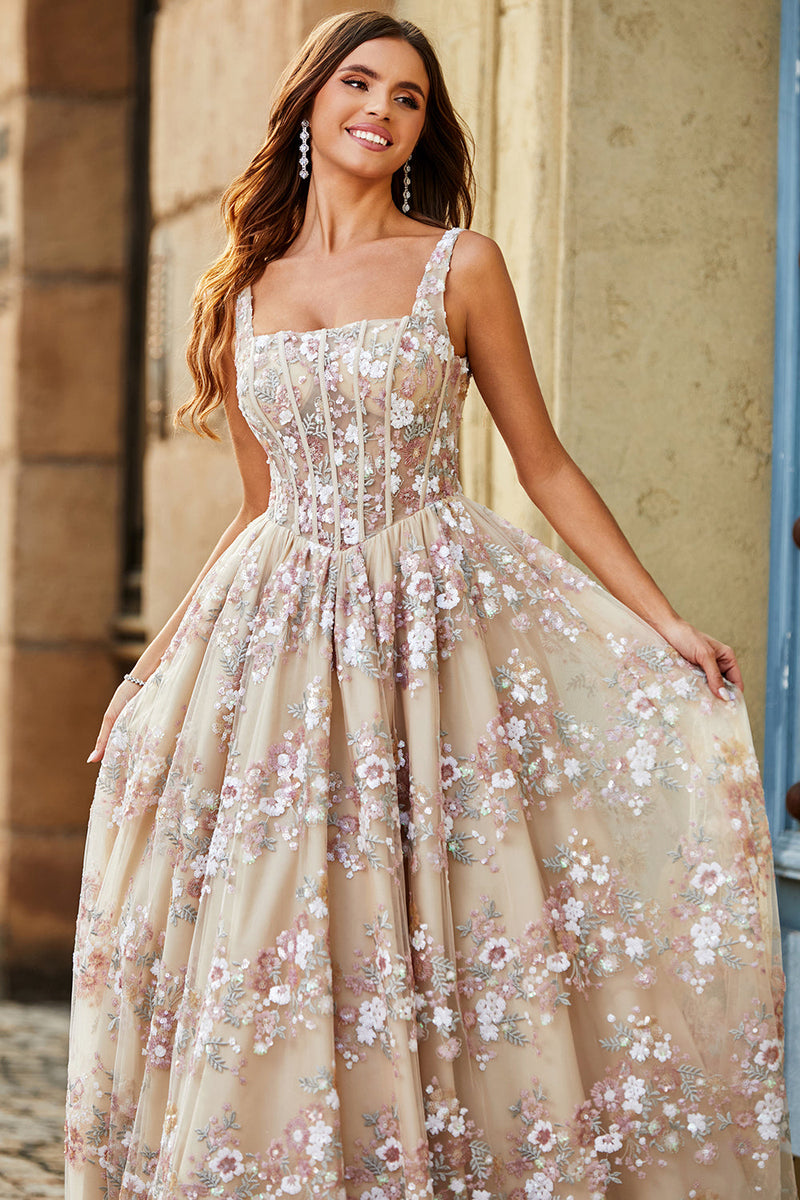 Load image into Gallery viewer, Charming A Line Square Neck Champagne Corset Prom Dress with Appliques