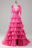 Princess A-Line V-Neck Fuchsia Prom Dress With Slit