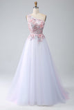 A-Line One Shoulder Pink Prom Dress with Appliques