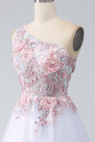 A-Line One Shoulder Pink Prom Dress with Appliques