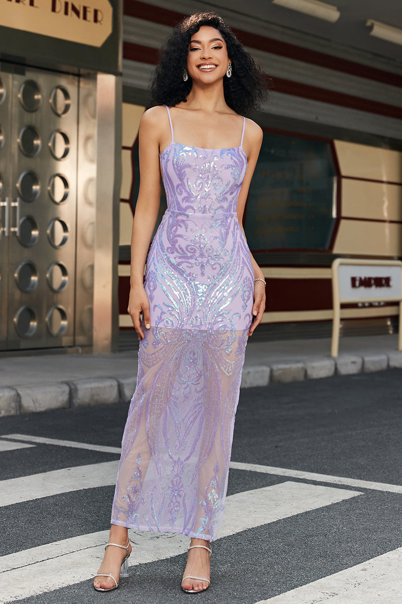 Load image into Gallery viewer, Trendy Sheath Spaghetti Straps Light Purple Long Prom Dress with Backless