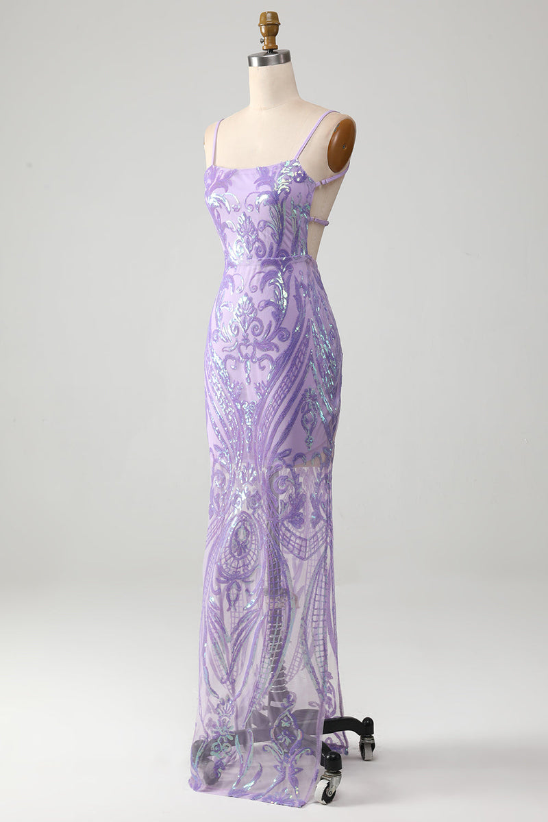 Load image into Gallery viewer, Light Purple Backless Prom Dress with Sequins