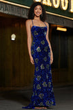 Royal Blue Mermaid Spaghetti Straps Sequins Long Prom Dress with Accessory