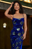 Royal Blue Mermaid Spaghetti Straps Sequins Long Prom Dress with Accessory