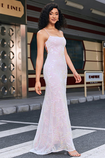 Trendy Pink Sheath Spaghetti Straps Split Front Prom Dress with Accessory