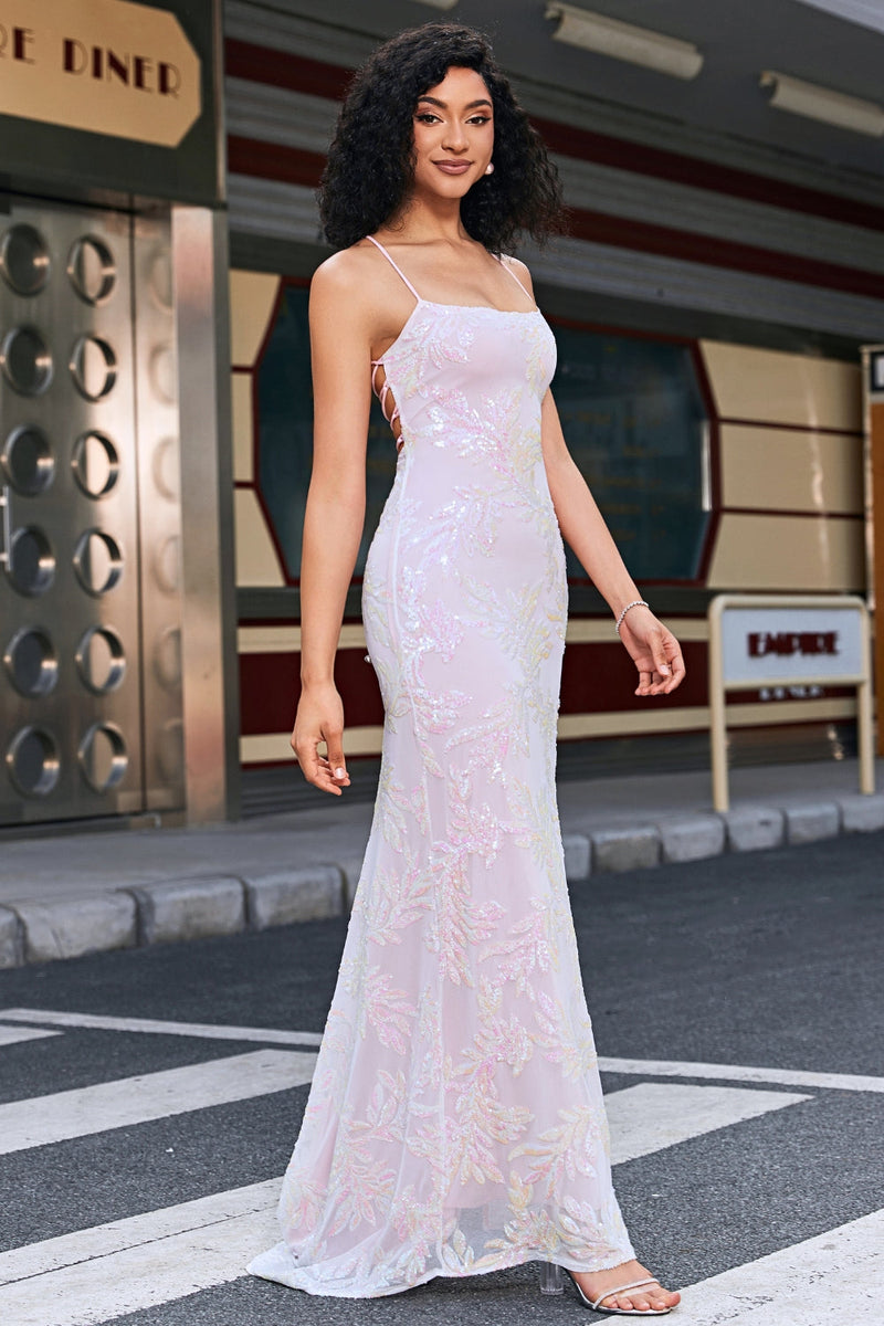 Load image into Gallery viewer, Trendy Pink Sheath Spaghetti Straps Split Front Prom Dress with Accessory