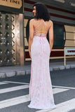 Trendy Pink Sheath Spaghetti Straps Split Front Prom Dress with Accessory