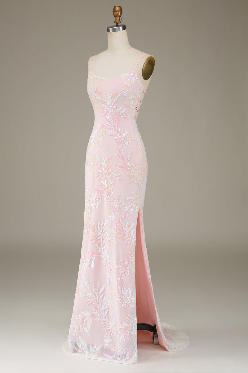 Load image into Gallery viewer, Mermaid Sparkly Pink Prom Dress with Slit