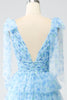 Load image into Gallery viewer, A-Line V-Neck Light Blue Tiered Prom Dress