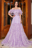 Gorgeous A Line Off the Shoulder Lilac Floral Long Prom Dress with Ruffles