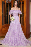 Gorgeous A Line Off the Shoulder Lilac Floral Long Prom Dress with Ruffles