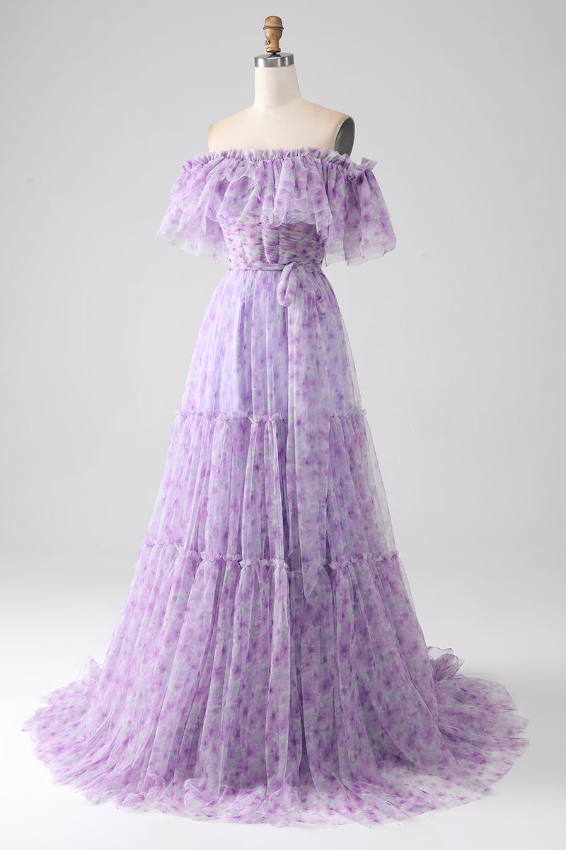 Load image into Gallery viewer, Lilac Floral Off the Shoulder Long Ruffled Prom Dress