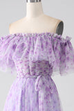 Lilac Floral Off the Shoulder Long Ruffled Prom Dress