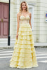 Load image into Gallery viewer, Gorgeous A Line Sweetheart Yellow Corset Prom Dress with Appliques Ruffles