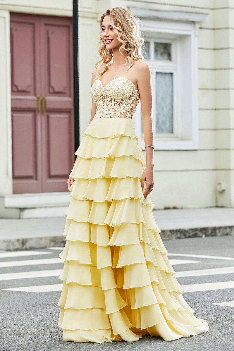 Load image into Gallery viewer, Gorgeous A Line Sweetheart Yellow Corset Prom Dress with Appliques Ruffles