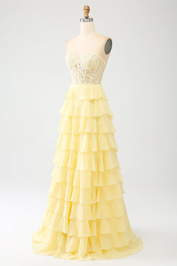 Yellow Sweetheart Tiered Prom Dress