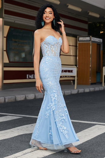 Stylish Mermaid Sweetheart Light Blue Corset Prom Dress with Appliques