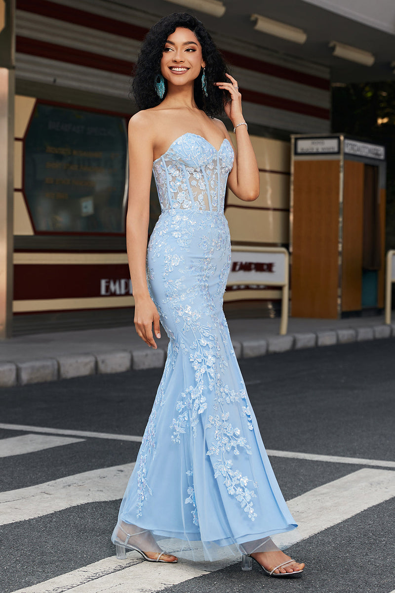 Load image into Gallery viewer, Stylish Mermaid Sweetheart Light Blue Corset Prom Dress with Appliques