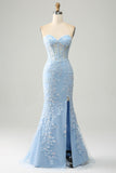 Light Blue Mermaid Sweetheart Corset Appliques Prom Dress With Side Slit