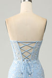 Light Blue Mermaid Sweetheart Corset Appliques Prom Dress With Side Slit