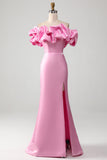 Mermaid Off the Shoulder Pink Prom Dress with Ruffles