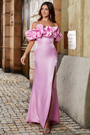 Stylish Mermaid Off the Shoulder Pink Long Prom Dress with Silt