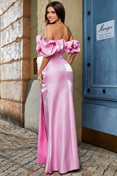 Stylish Mermaid Off the Shoulder Pink Long Prom Dress with Silt