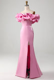 Mermaid Off the Shoulder Pink Prom Dress with Ruffles