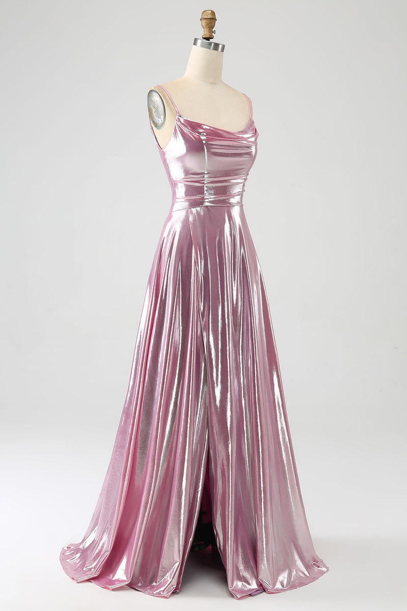 Load image into Gallery viewer, Stunning A Line Spaghetti Straps Pink Long Prom Dress with Split Front