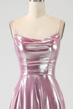 Stunning A Line Spaghetti Straps Pink Long Prom Dress with Split Front