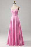 A-Line Spaghetti Straps Pink Corset Prom Dress