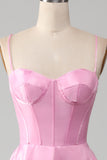 A-Line Spaghetti Straps Pink Corset Prom Dress