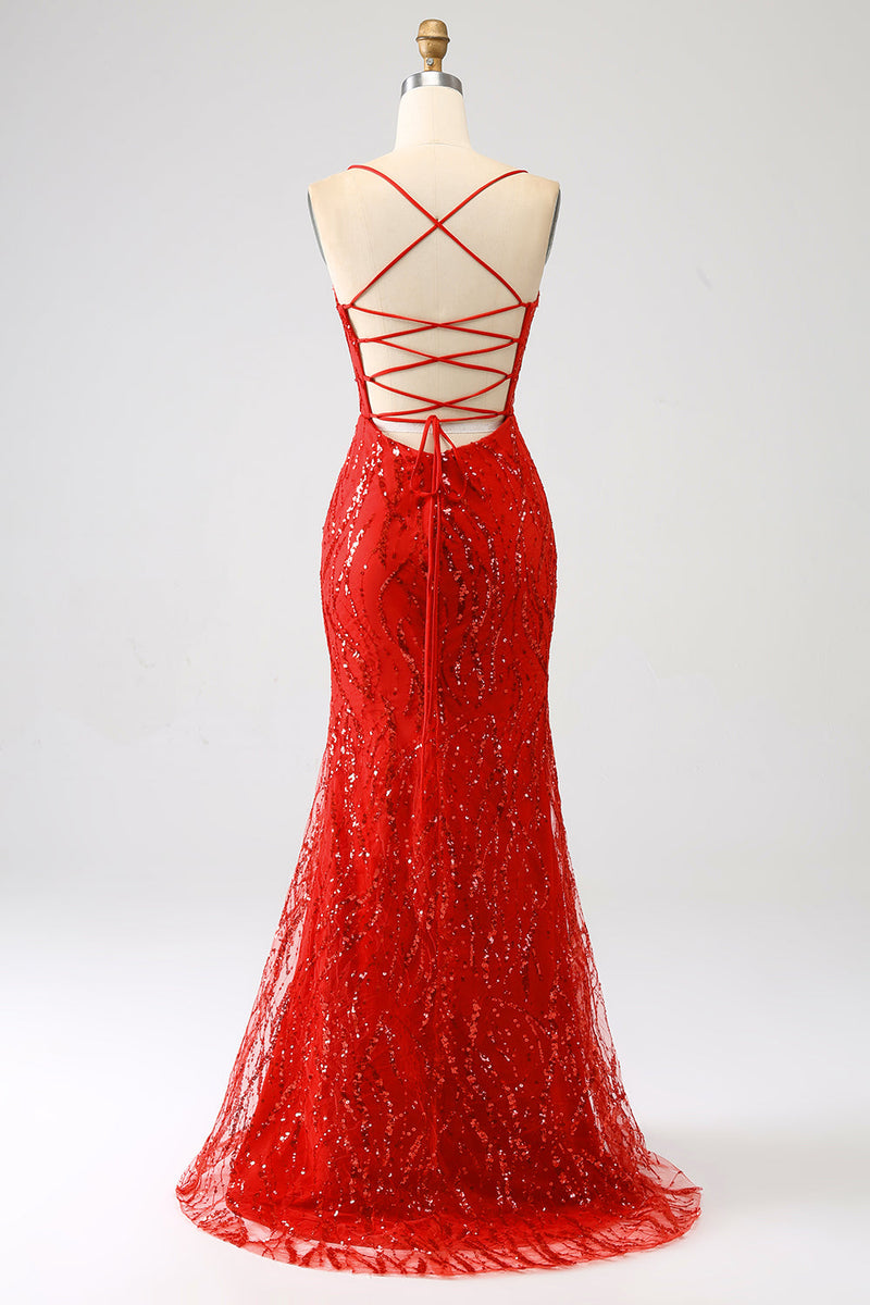 Load image into Gallery viewer, Glitter Red Mermaid Long Sequins Prom Dress with Slit