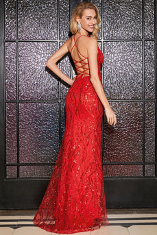 Sparkly Mermaid Spaghetti Straps Red Sequins Long Prom Dress with Criss Cross Back